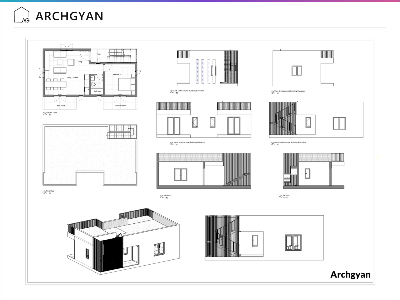 Revit presentation sheet with plans, elevations, sections and a 3D view of a villa