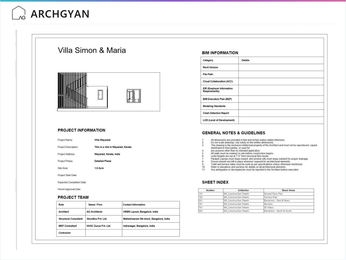Title sheet with project information, BIM coordination table and sheet index in Revit