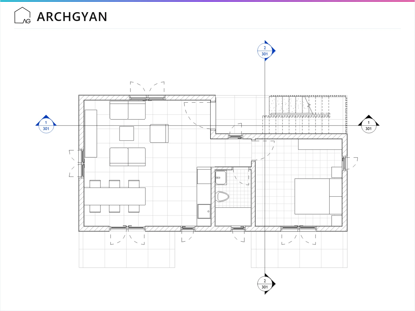 Furnished ground floor plan with rooms, doors, windows and section markers in Revit