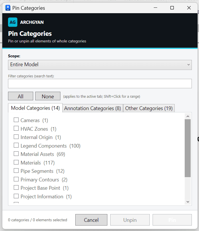 Pin Categories — Pin or unpin all elements of whole categories