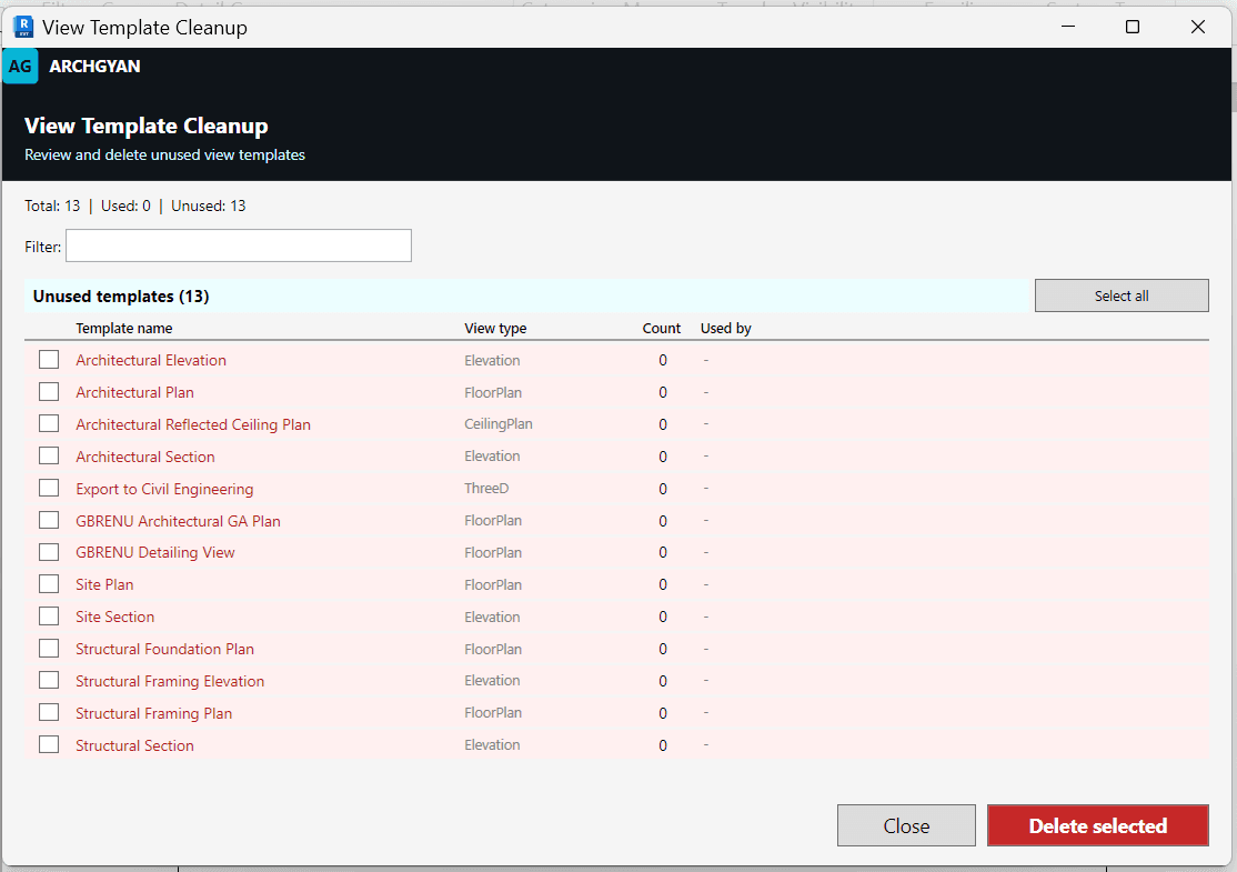 View Template Cleanup — Review and delete unused view templates